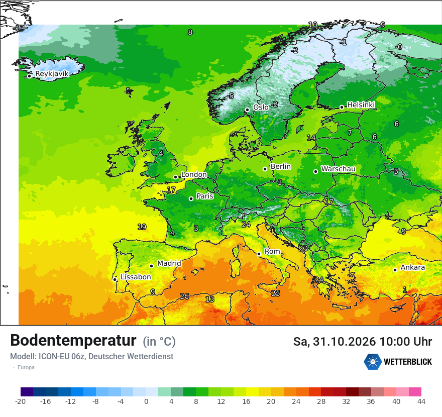 Modellkarte ICON-EU – t_g – europa