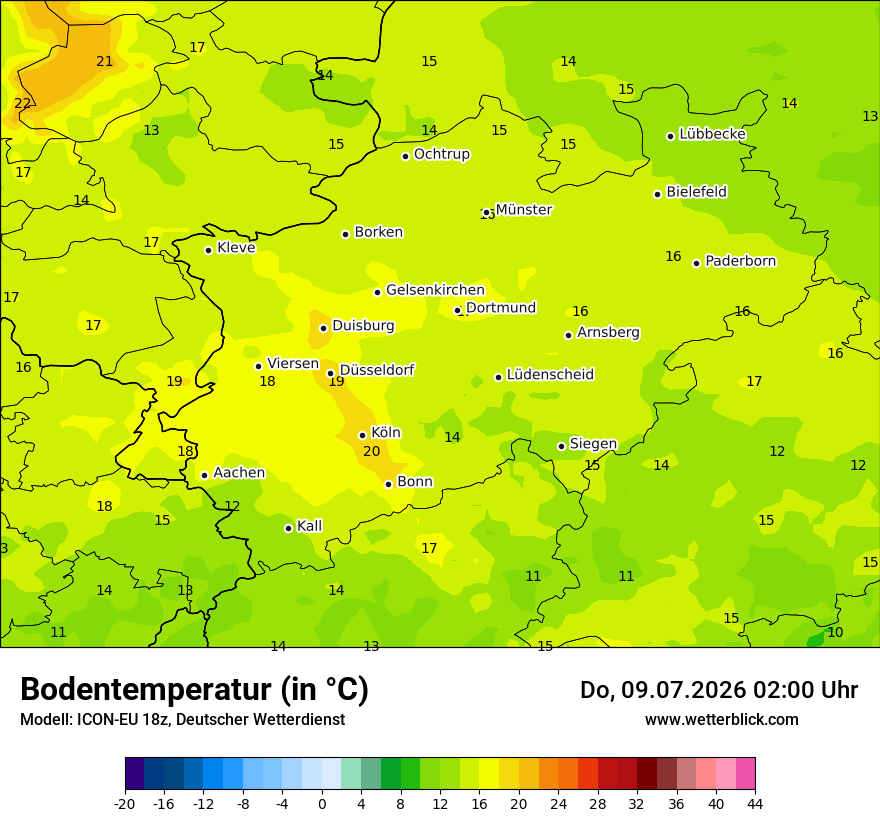 Modellkarte ICON-EU – t_g – nrw
