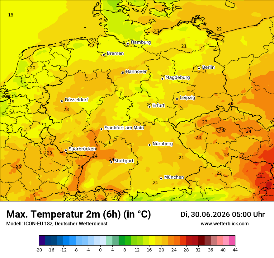 Modellkarte ICON-EU – tmax6h – deutschland
