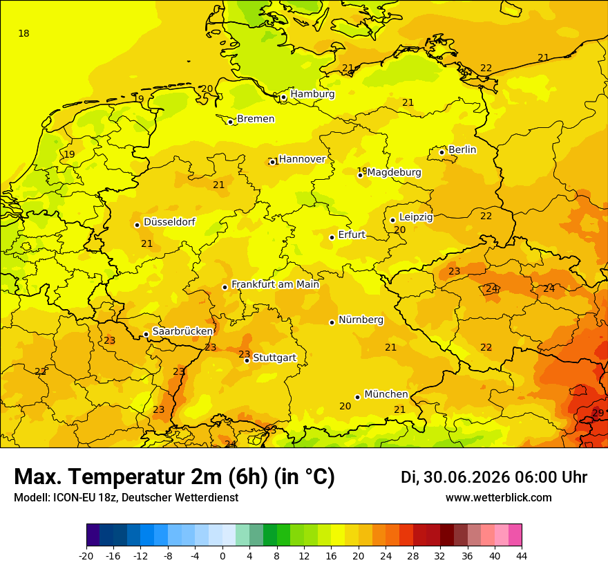 Modellkarte ICON-EU – tmax6h – deutschland