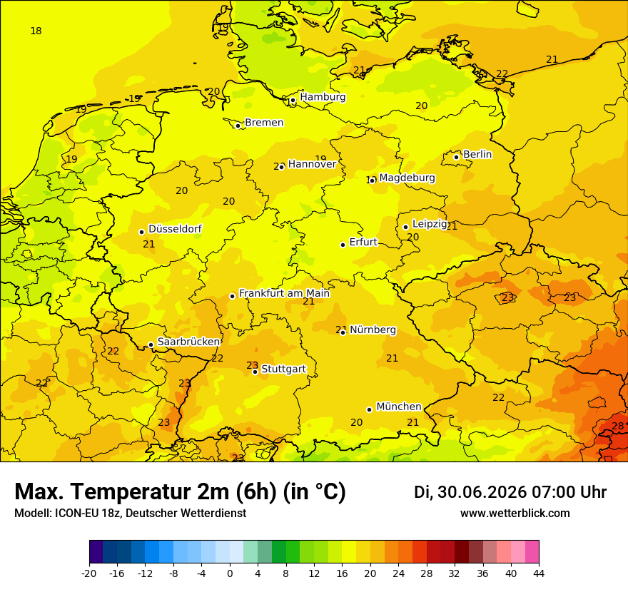 Modellkarte ICON-EU – tmax6h – deutschland
