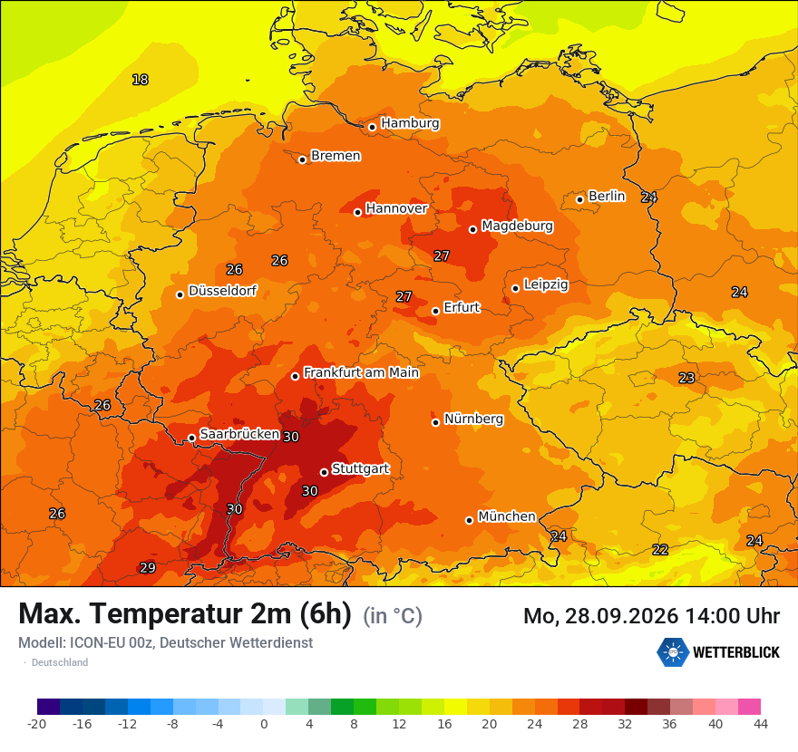 Modellkarte ICON-EU – tmax6h – deutschland