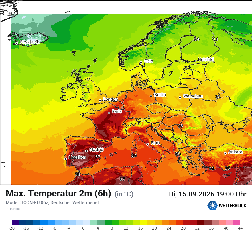Modellkarte ICON-EU – tmax6h – europa