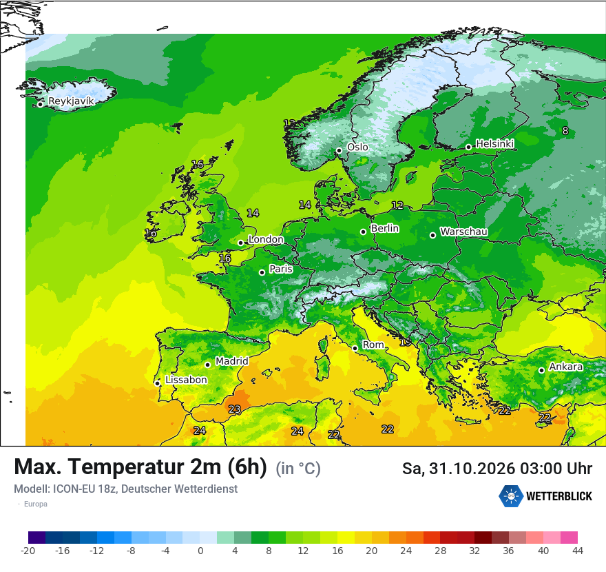 Modellkarte ICON-EU – tmax6h – europa