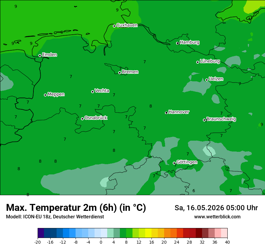 Modellkarte ICON-EU – tmax6h – ni