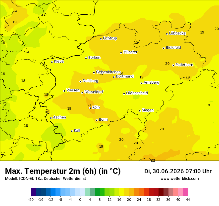 Modellkarte ICON-EU – tmax6h – nrw