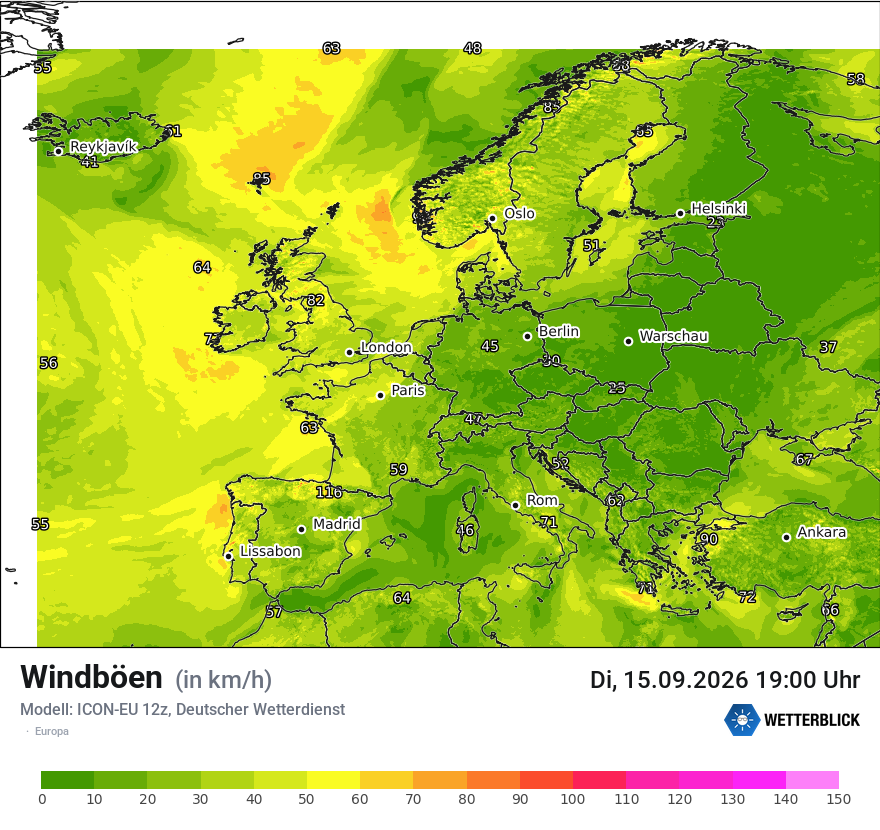 Modellkarte ICON-EU – vmax – europa