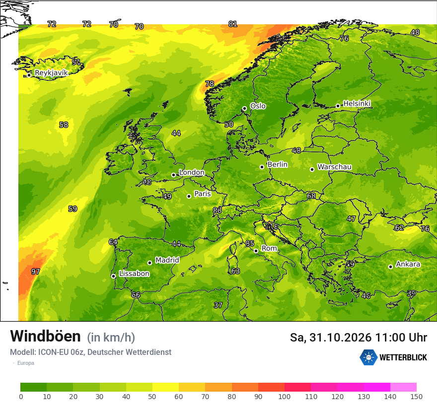 Modellkarte ICON-EU – vmax – europa
