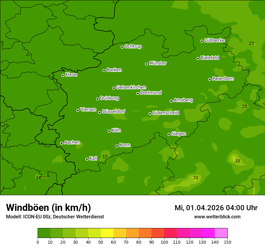 Modellkarte ICON-EU – vmax – nrw