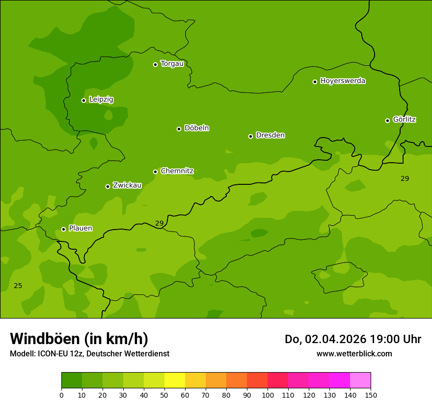 Modellkarte ICON-EU – vmax – sn