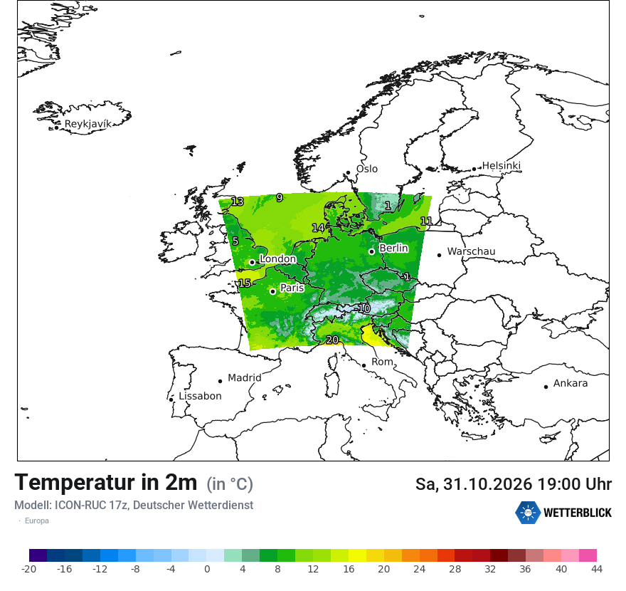 Modellkarte ICON-RUC – t2m – europa