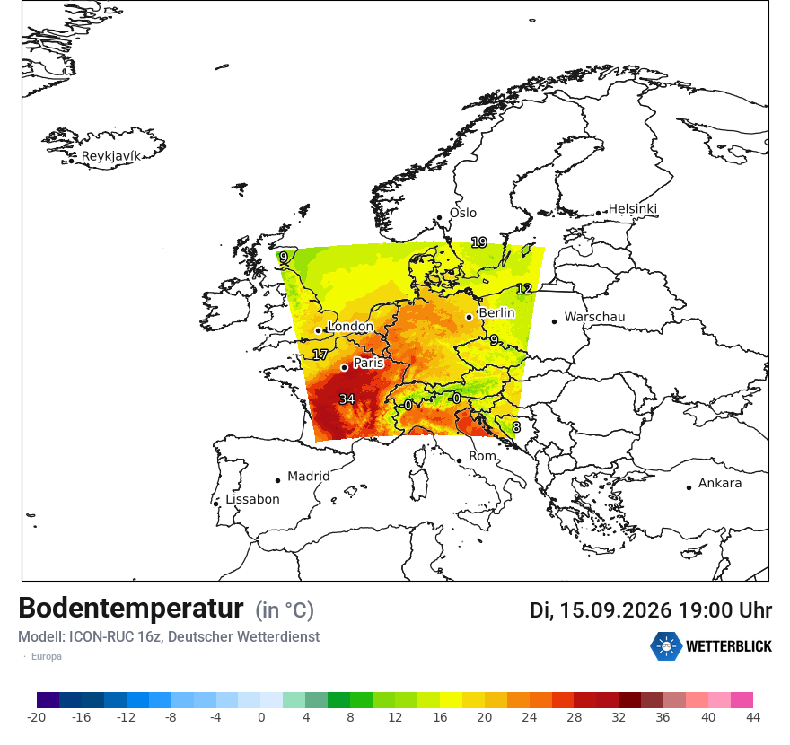 Modellkarte ICON-RUC – t_g – europa