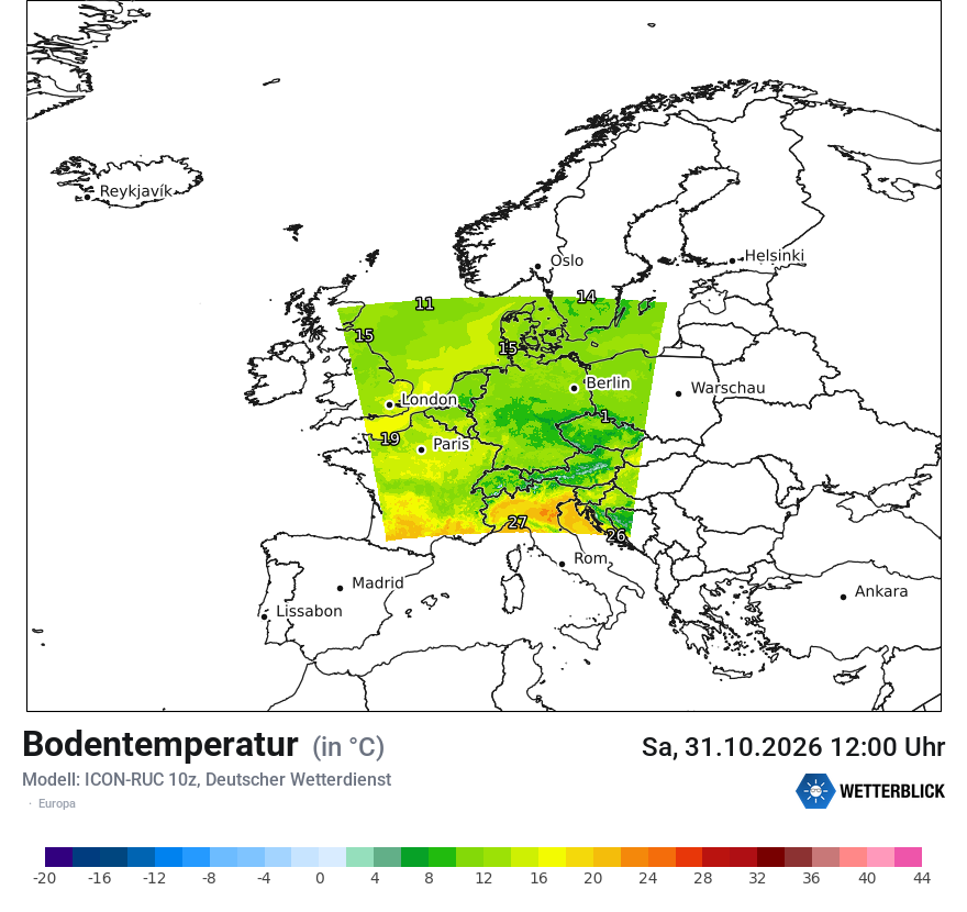 Modellkarte ICON-RUC – t_g – europa