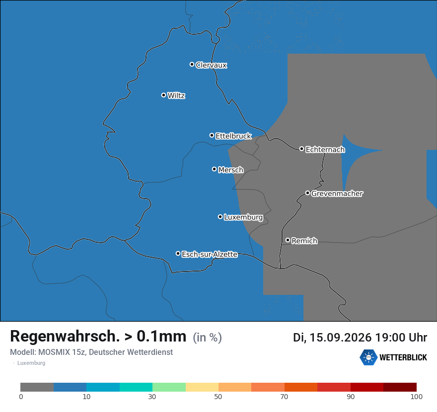 Modellkarte MOSMIX – prob_rain_0 – luxemburg