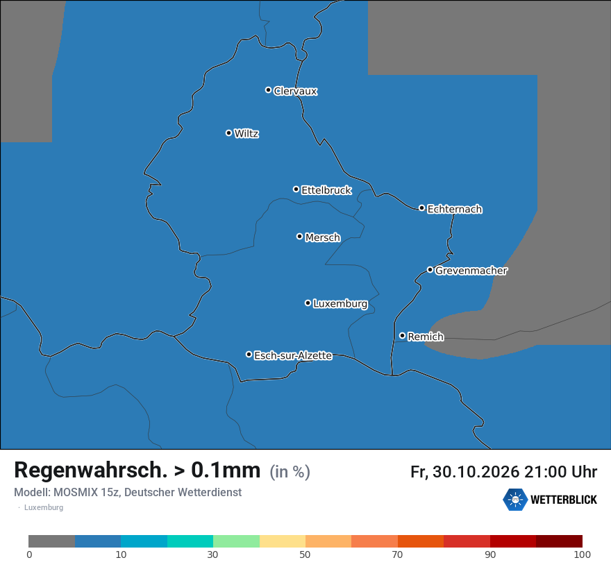 Modellkarte MOSMIX – prob_rain_0 – luxemburg