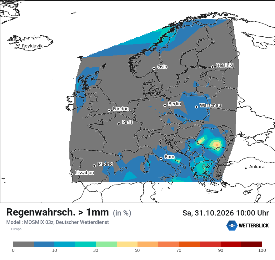 Modellkarte MOSMIX – prob_rain_1 – europa