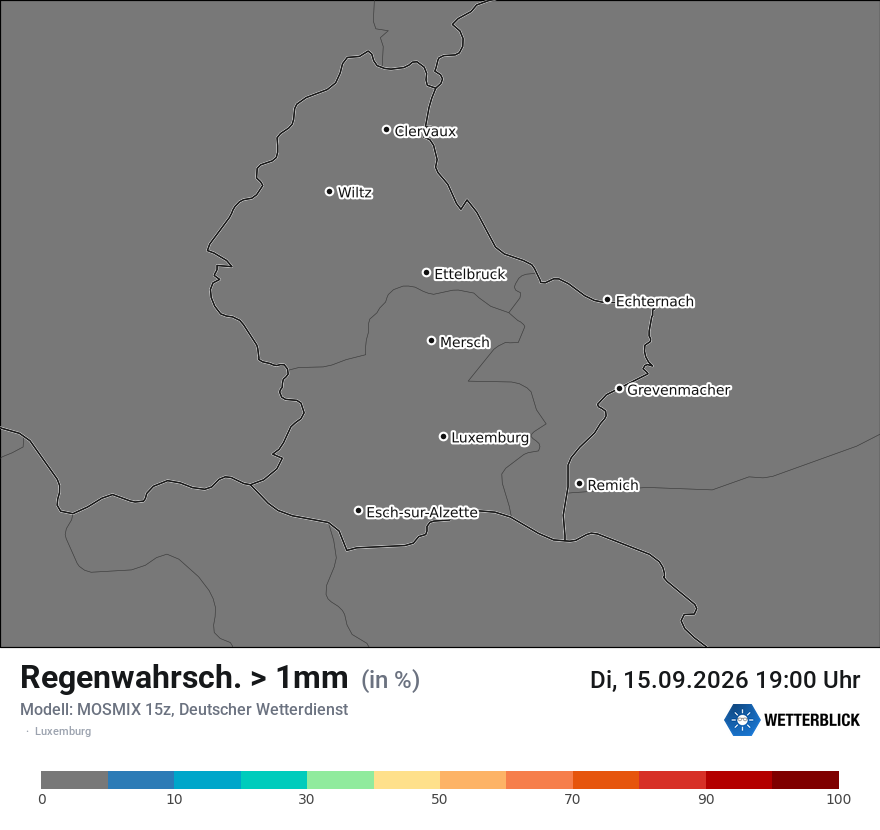Modellkarte MOSMIX – prob_rain_1 – luxemburg