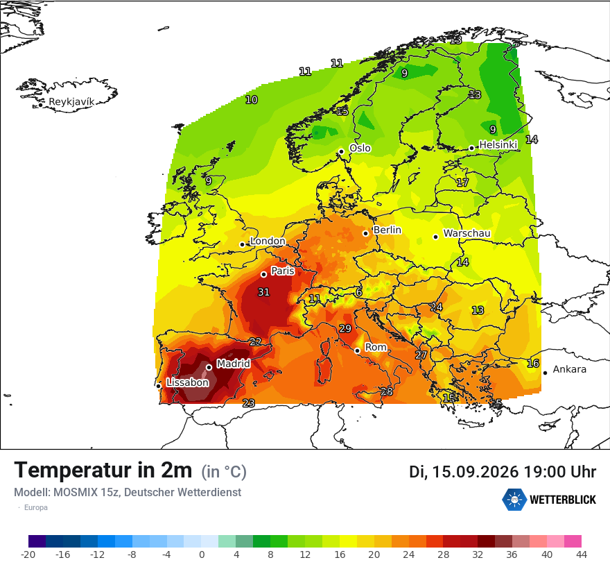 Modellkarte MOSMIX – t2m – europa