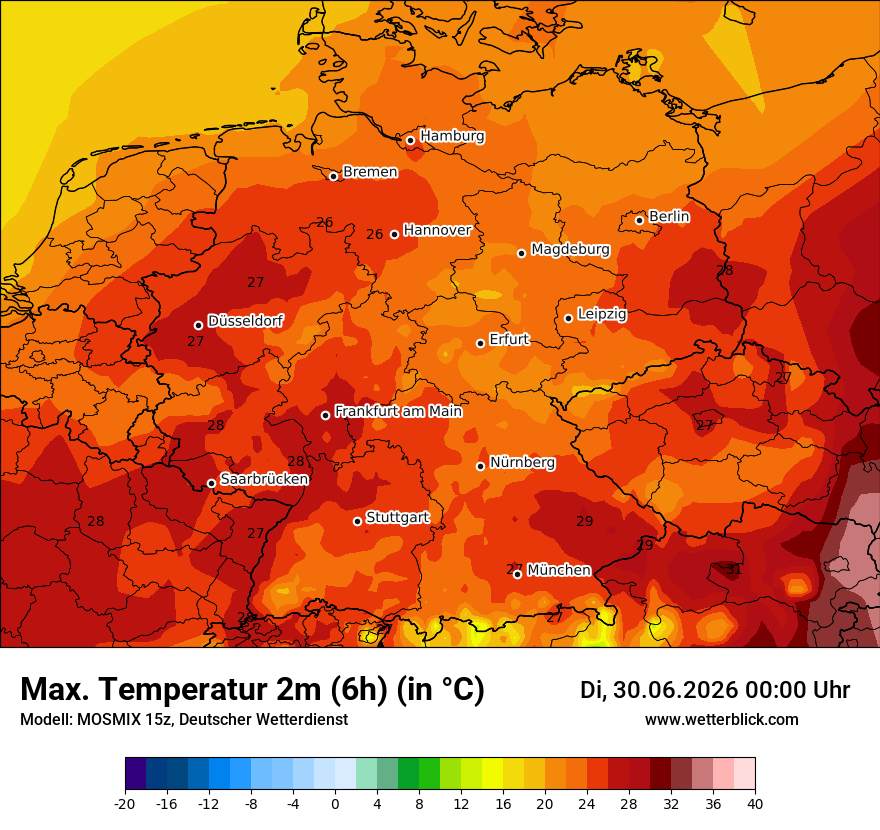 Modellkarte MOSMIX – tmax6h – deutschland