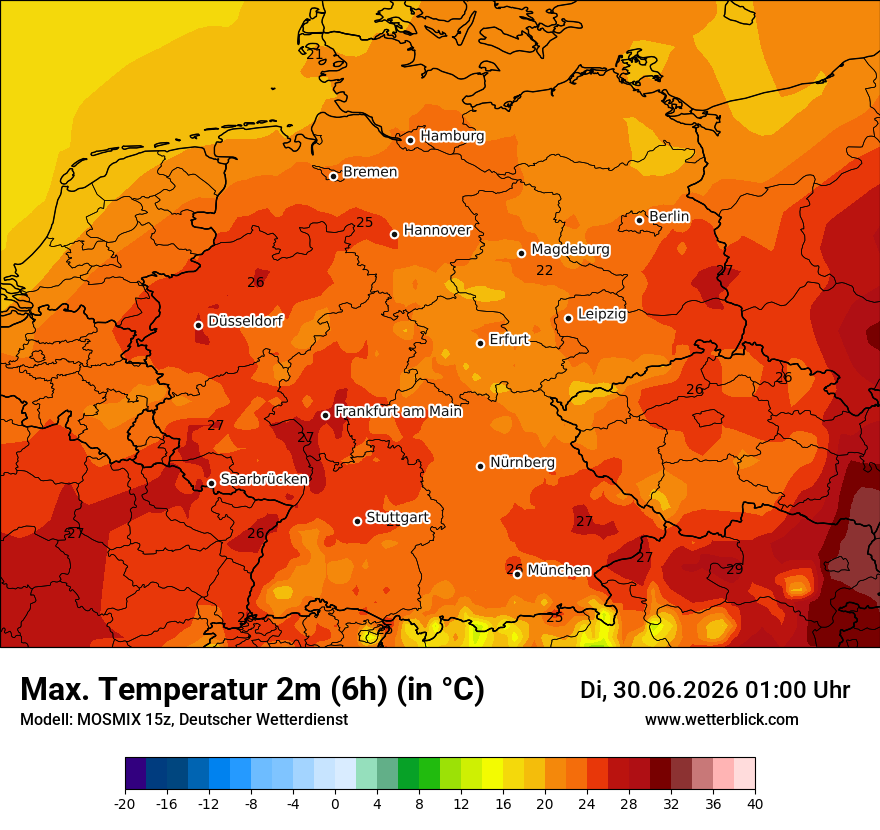 Modellkarte MOSMIX – tmax6h – deutschland