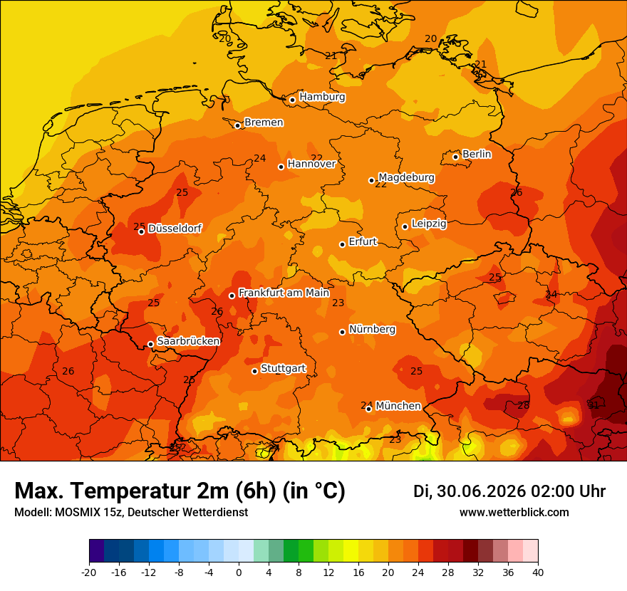 Modellkarte MOSMIX – tmax6h – deutschland