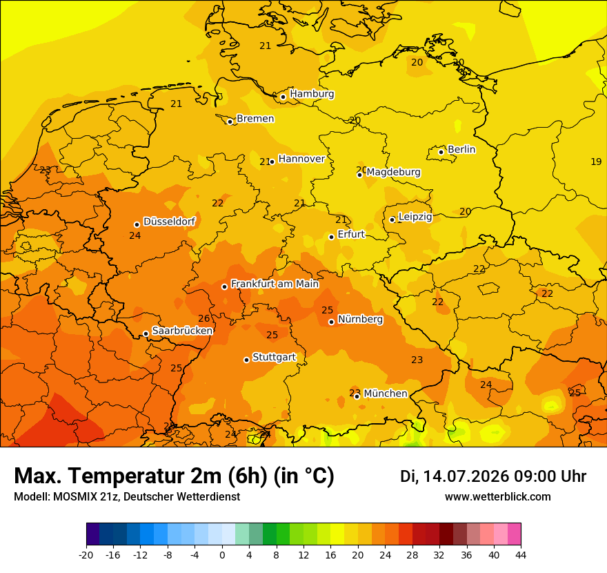 Modellkarte MOSMIX – tmax6h – deutschland