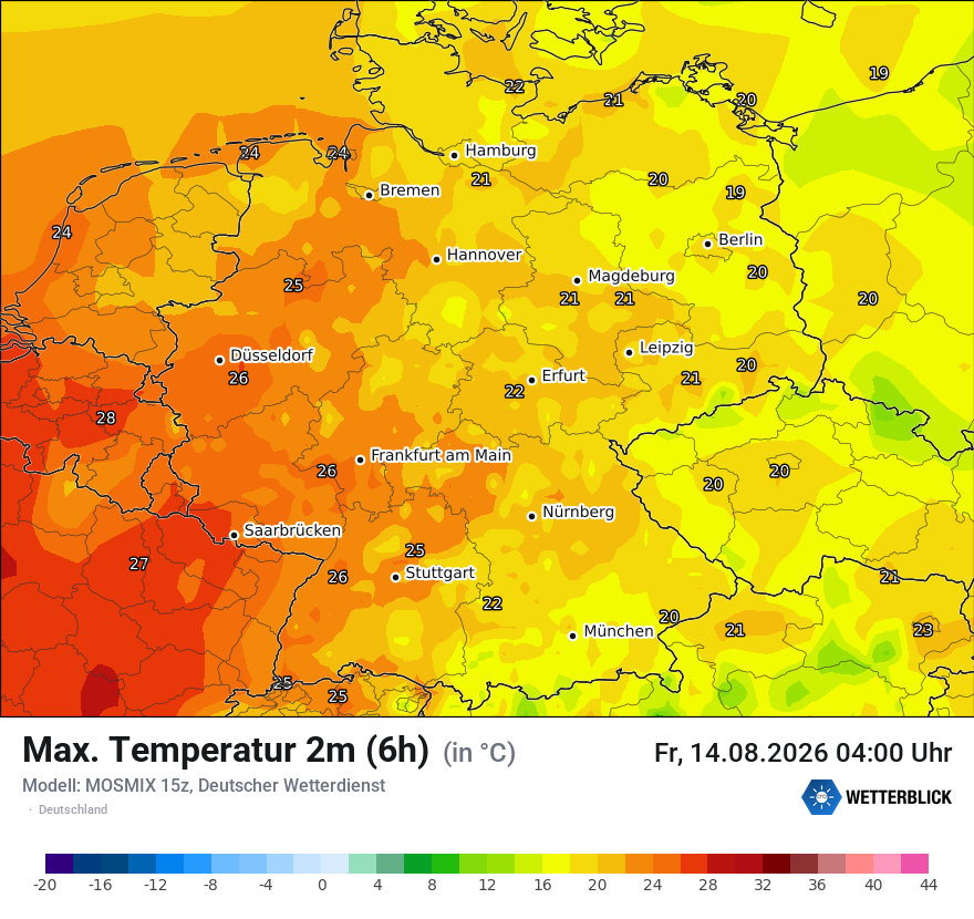 Modellkarte MOSMIX – tmax6h – deutschland
