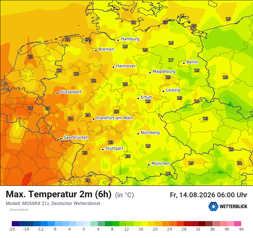 Modellkarte MOSMIX – tmax6h – deutschland