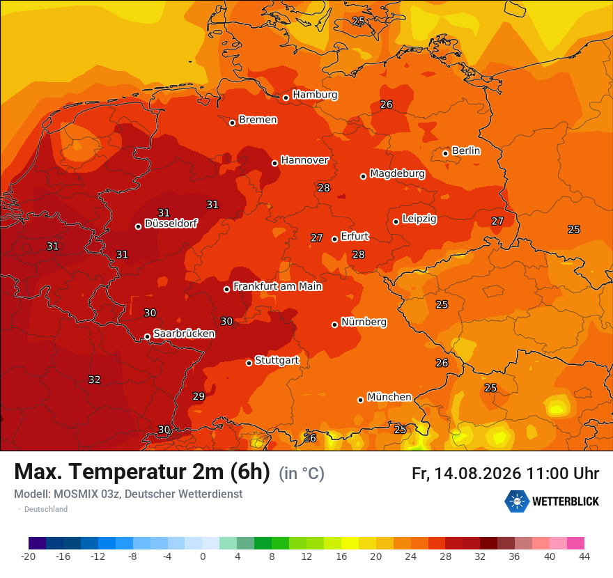 Modellkarte MOSMIX – tmax6h – deutschland