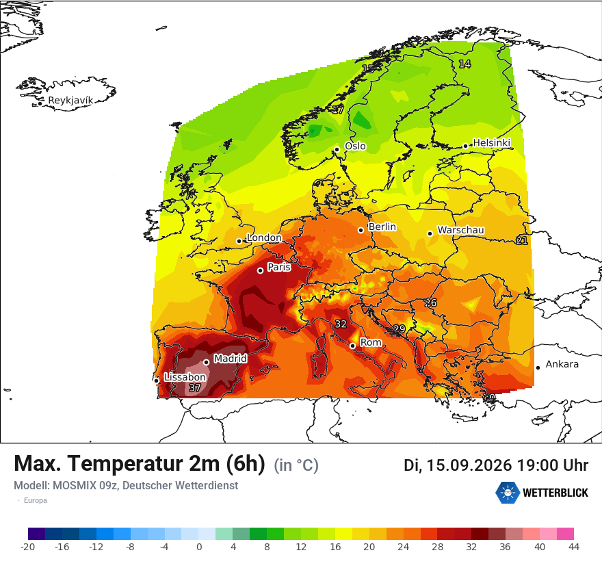 Modellkarte MOSMIX – tmax6h – europa