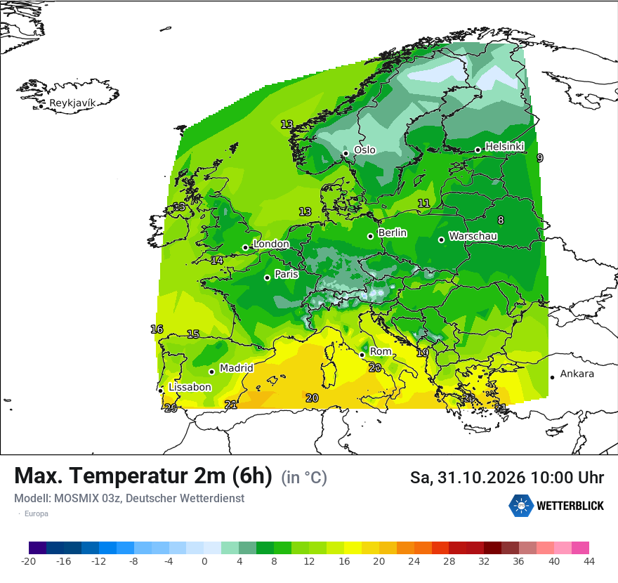 Modellkarte MOSMIX – tmax6h – europa