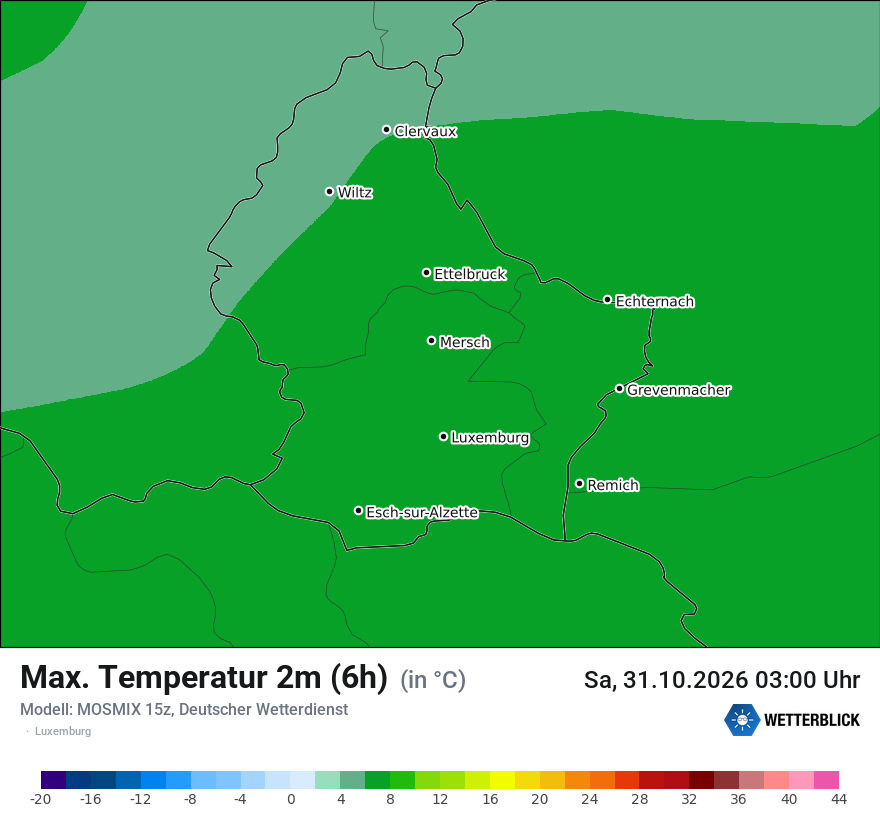 Modellkarte MOSMIX – tmax6h – luxemburg
