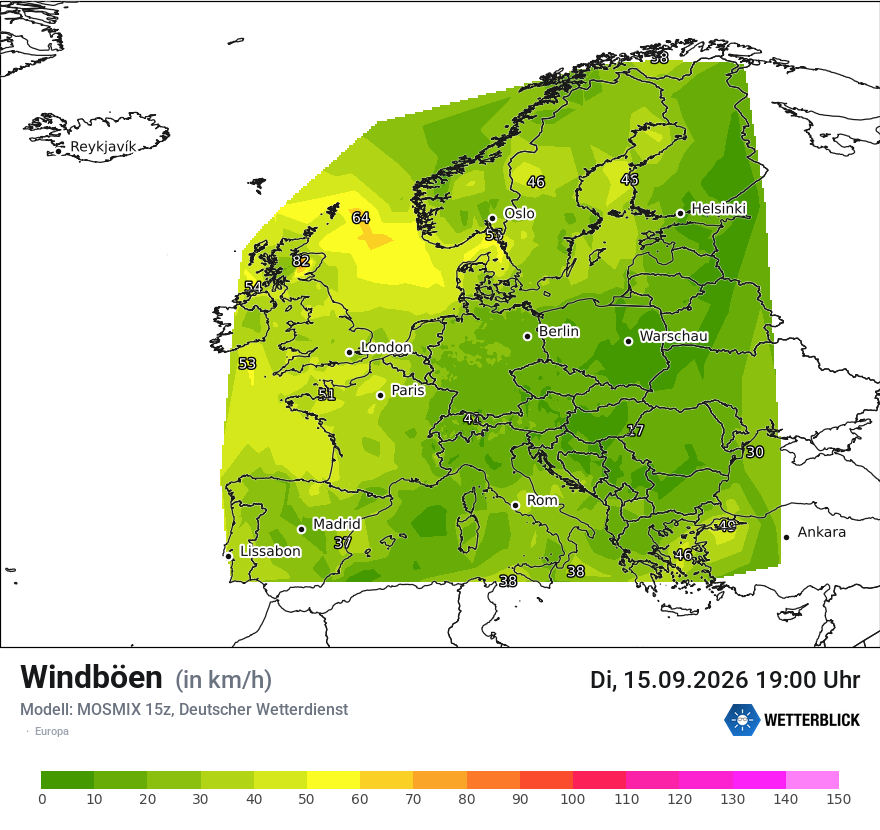 Modellkarte MOSMIX – vmax – europa