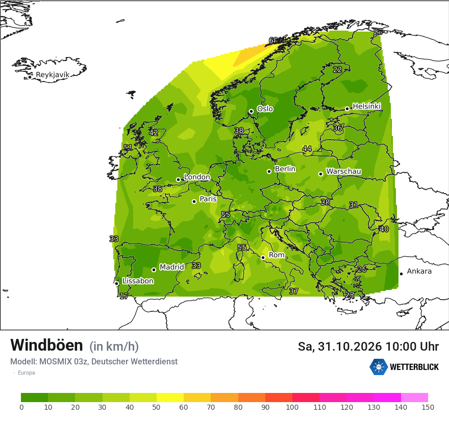 Modellkarte MOSMIX – vmax – europa