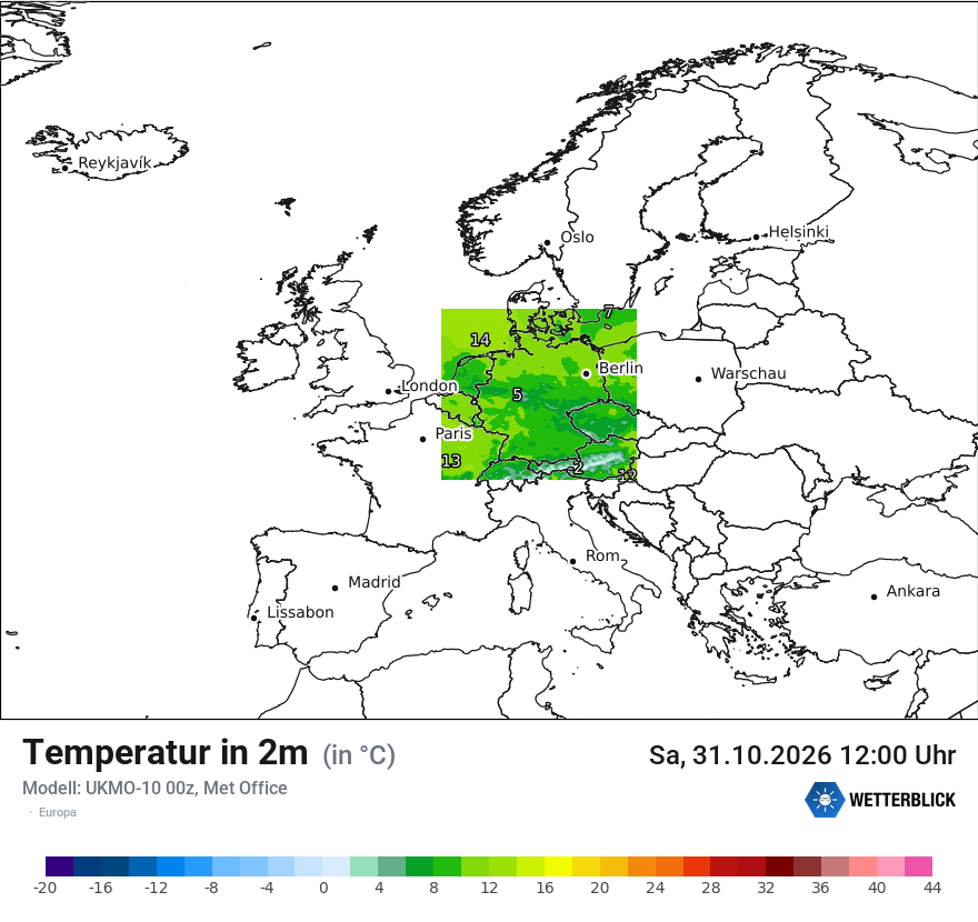 Modellkarte UKMO – t2m – europa