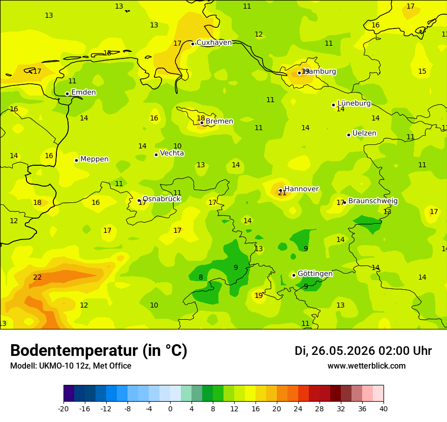 Modellkarte UKMO – t_g – ni